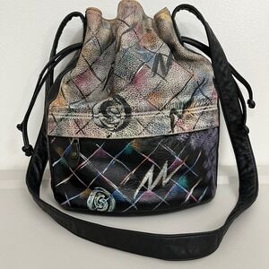 VTG Botary Leather Drawstring Bucket Bag Hand Painted Art Shoulder Bag 80s 90s